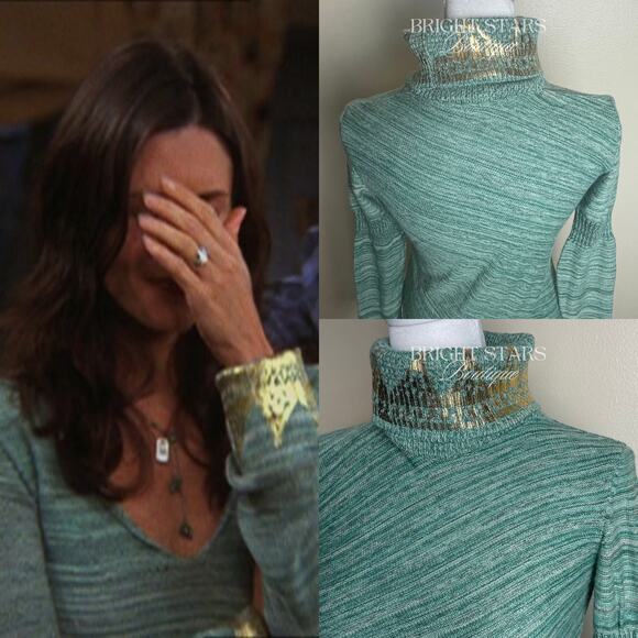 Rare Green Sweater Long Sleeve Gold Foiled Turtleneck ALT ASO Monica Lorelai - Picture 4 of 10